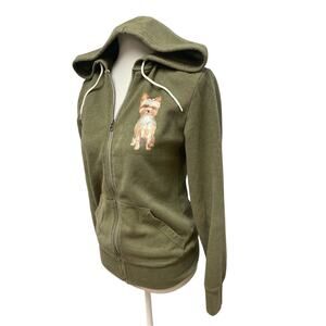 Hand Printed XS Upcycled Yorkshire Terrier Yorkie Dog Long Sleeve Zip Hoodie